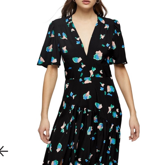 NWOT Topshop black flutter sleeve brushstroke midi dress Size 2 - Picture 2 of 7